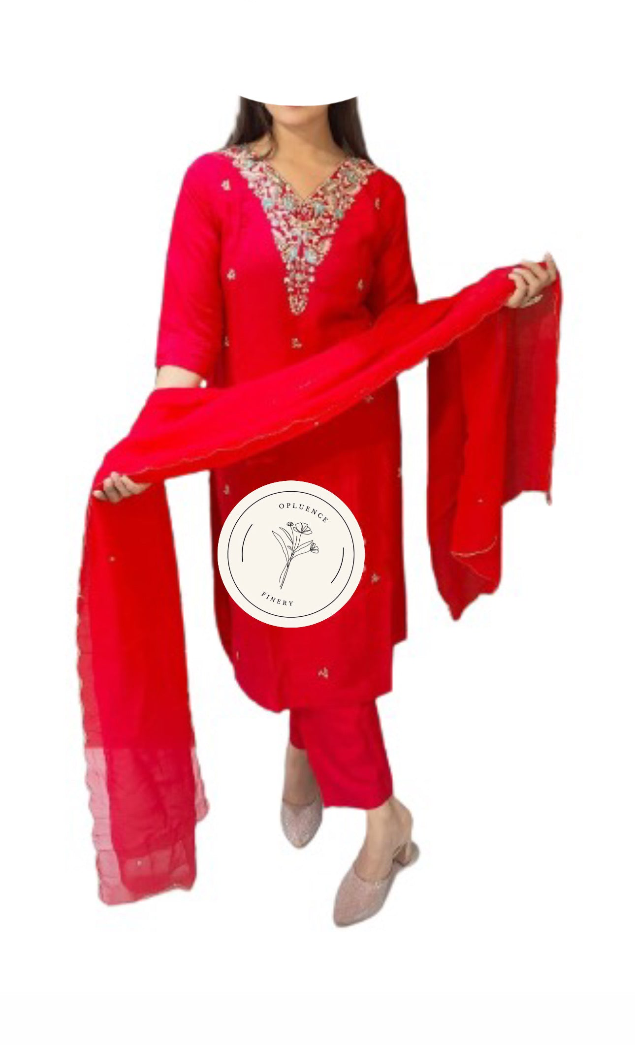 A. Ravishing Red Handwork Kurta Pants Dupatta