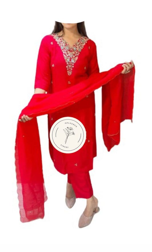 A. Ravishing Red Handwork Kurta Pants Dupatta