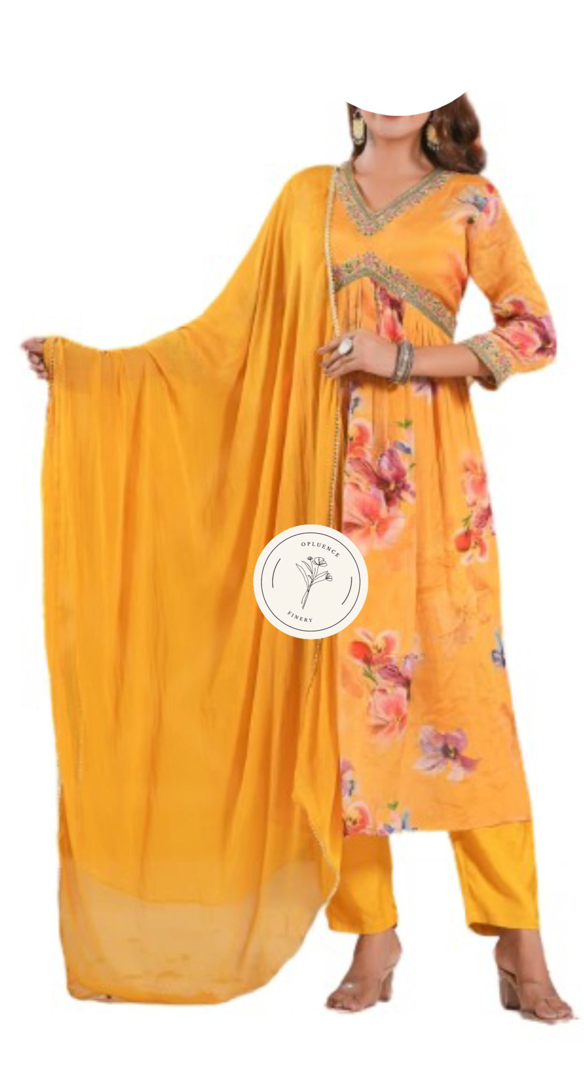 Alluring Yellow Alia Cut Kurti Dupatta and Pants set with mirror hand embroidery.