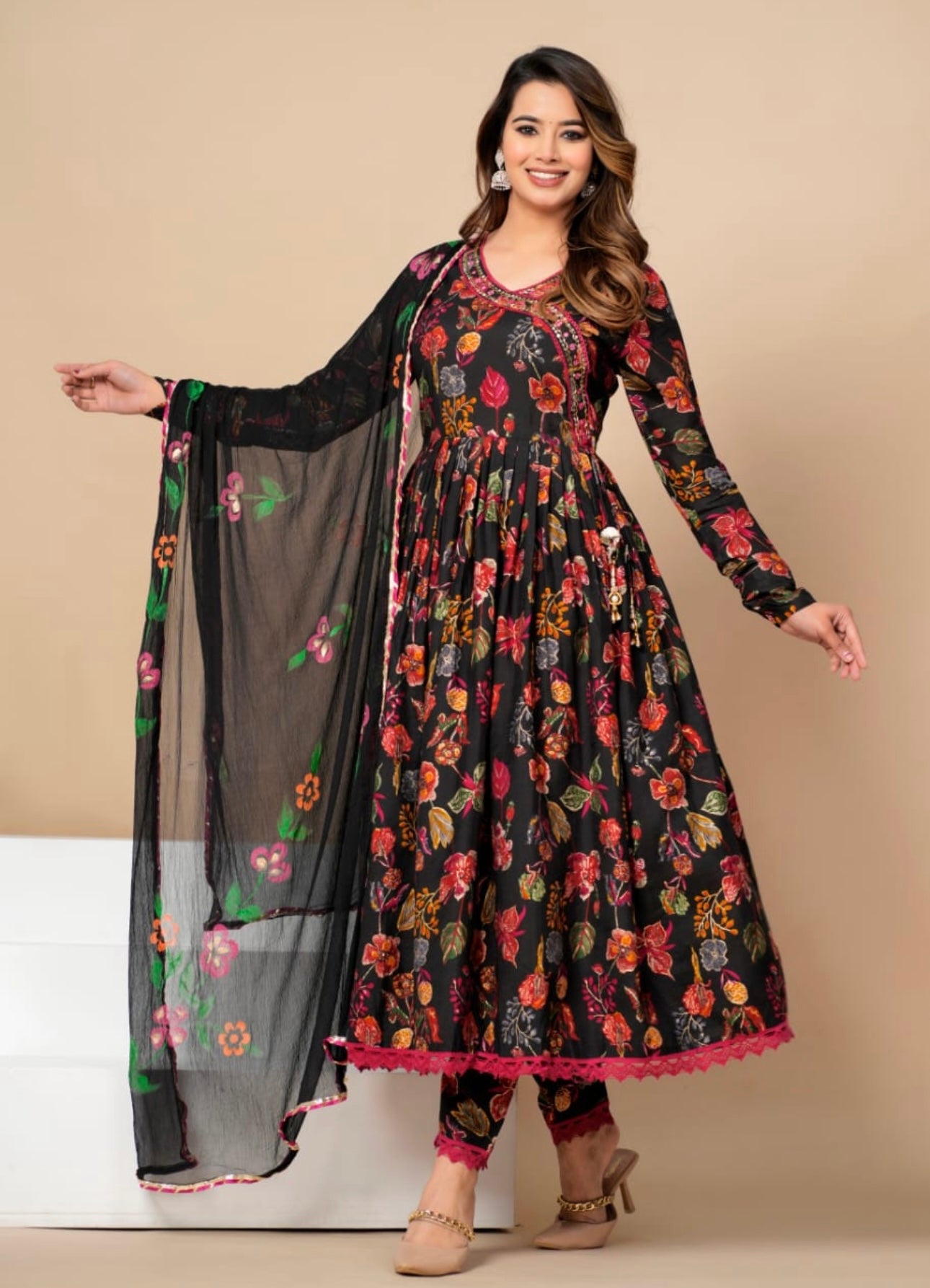 A Angrakha Anarkali with Heavy hand sequence and mirror Work with Bottom and Dupatta