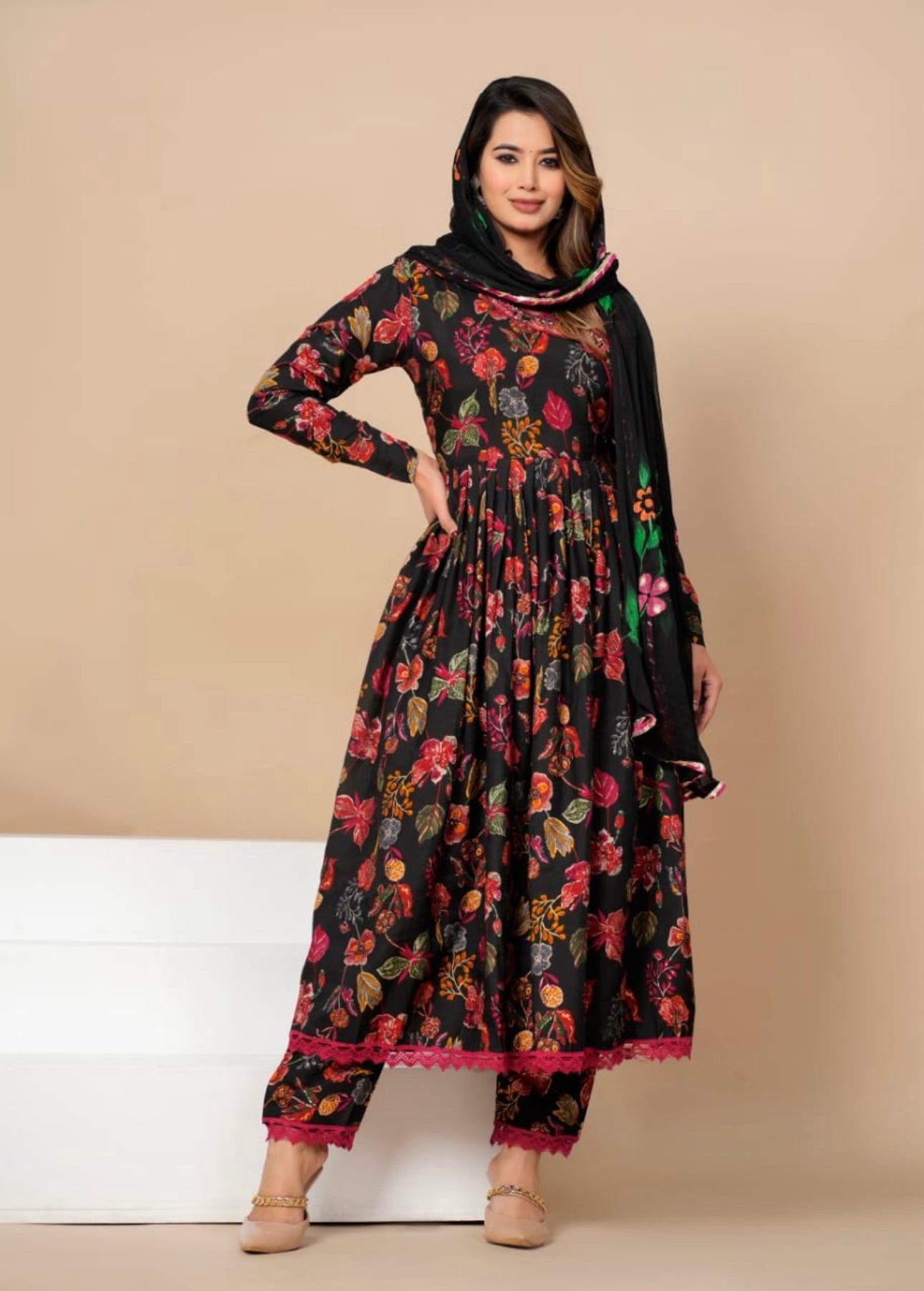 A Angrakha Anarkali with Heavy hand sequence and mirror Work with Bottom and Dupatta