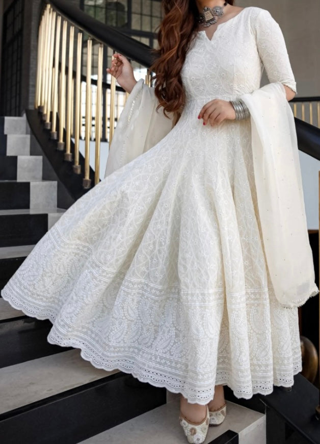 Chikankari Anarkali White with Dupatta