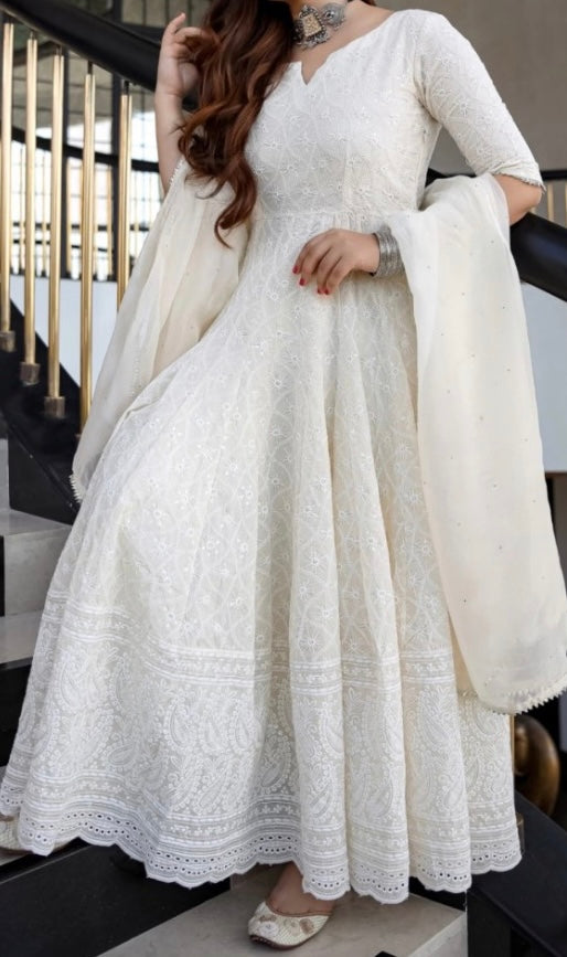 Chikankari Anarkali White with Dupatta