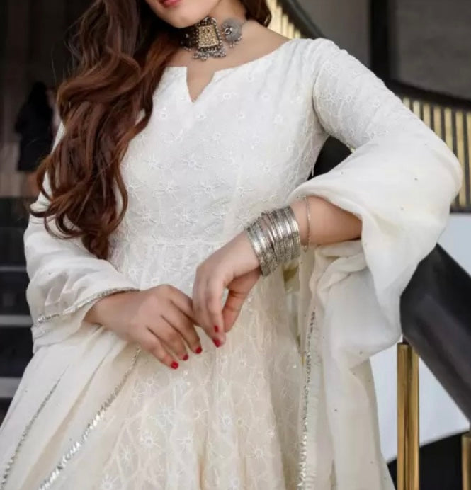 Chikankari Anarkali White with Dupatta