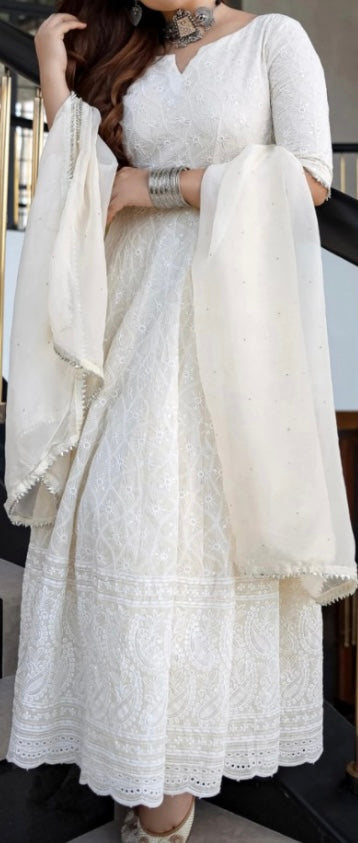 Chikankari Anarkali White with Dupatta