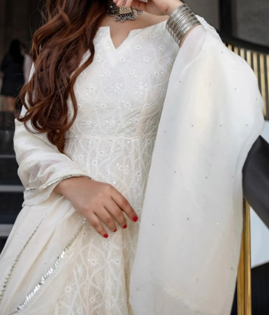 Chikankari Anarkali White with Dupatta