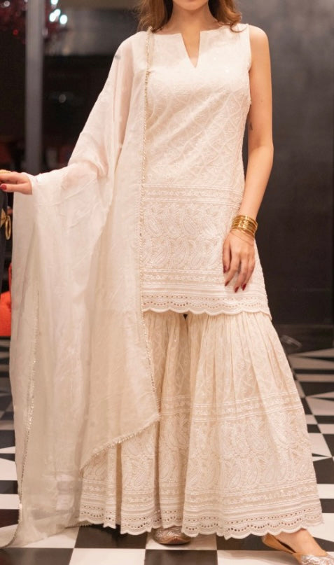 Chikankari Cream color Gorgeous Kurta Plazzo & Dupatta