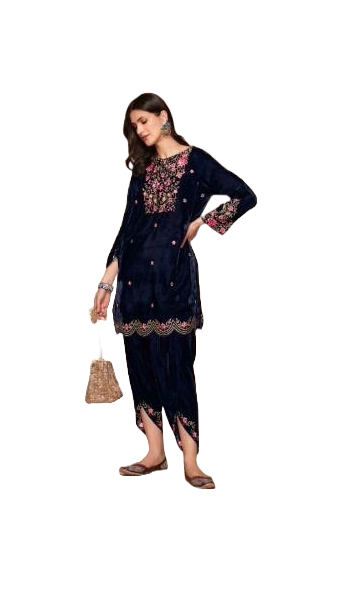 Attractive Velvet Embroidery Suit Set with Kurta dupatta dhoti style pants